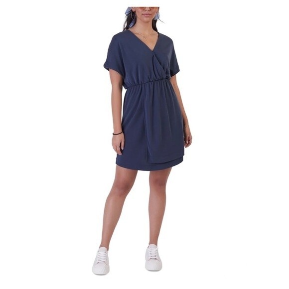 Navy Short Sleeve Surplice Neckline Dress - Picture 1 of 8